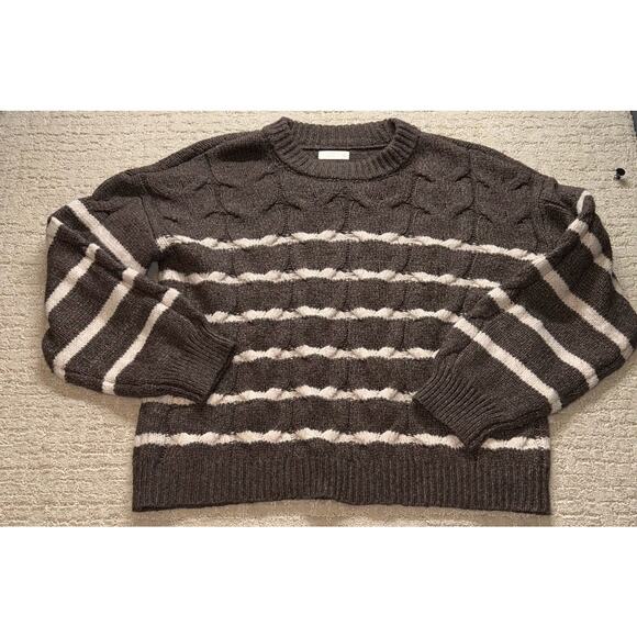 Lauren Conrad Cable Knit Striped Sweater XL Brown White Crew Neck Long Sleeve - Picture 1 of 9